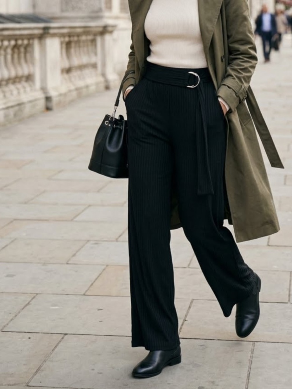 Streetwear Society Black Wide-Leg High Waist Pants with D-Ring Belt
